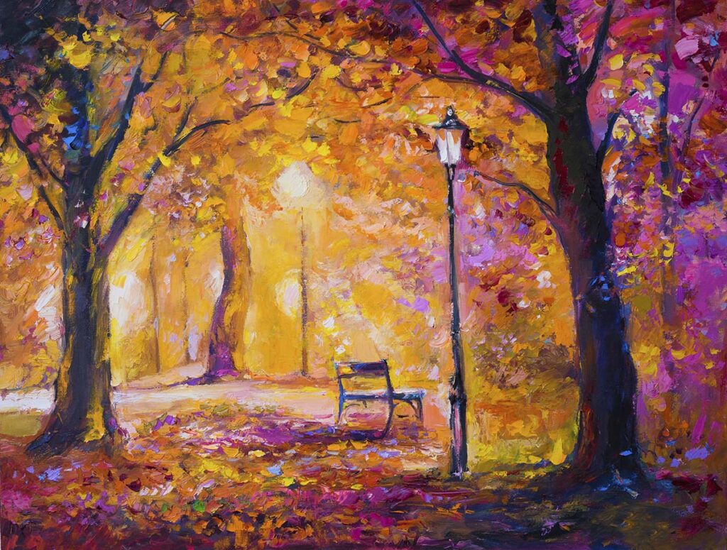 A painting of a bench in a park - Magicdecor®