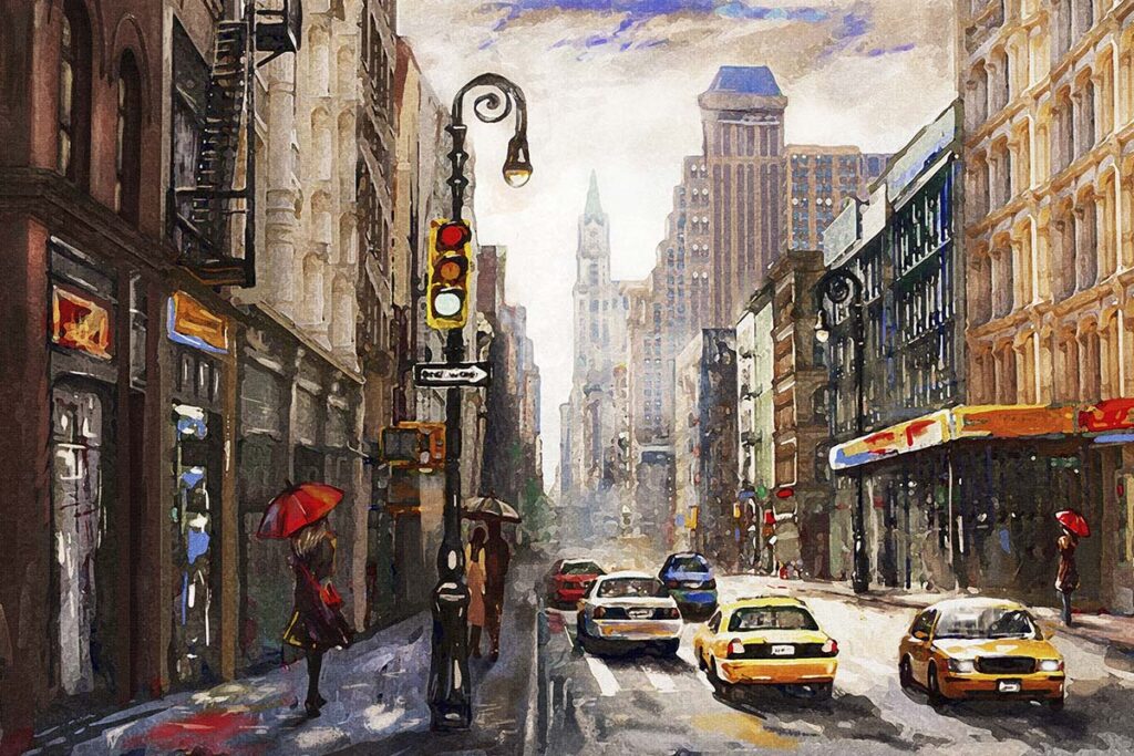 A painting of a city street with cars and people walking - Magicdecor®