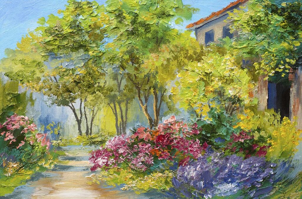 A painting of a garden with flowers and trees - Magicdecor®