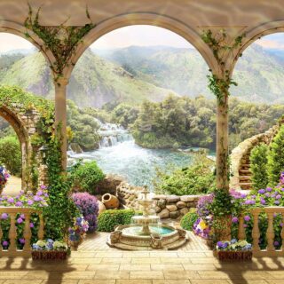 Mountain Wallpaper, Garden with a fountain and a river