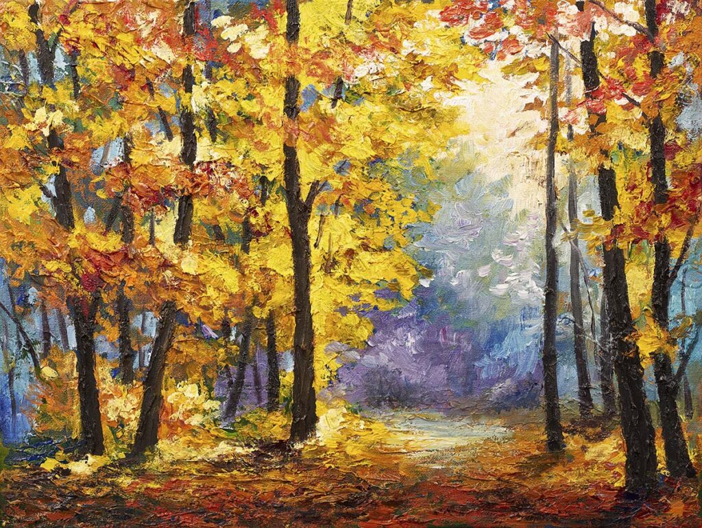 A painting of trees with yellow and red leaves - Magicdecor®