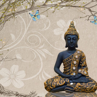 Blue Golden Buddha Mural sitting in Lotus Position