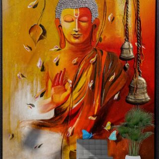 A Painting of a Buddha with Leaves and Bells