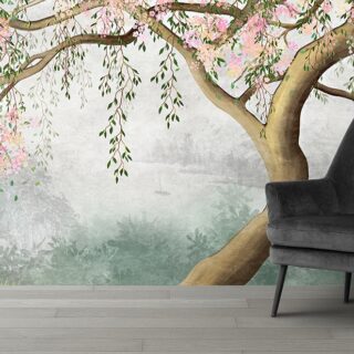 A Tree with Pink Flowers and Green Leaves Wallpaper Mural