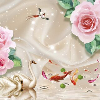 Swan and Koi Fish in Water with Pink Roses Wallpaper
