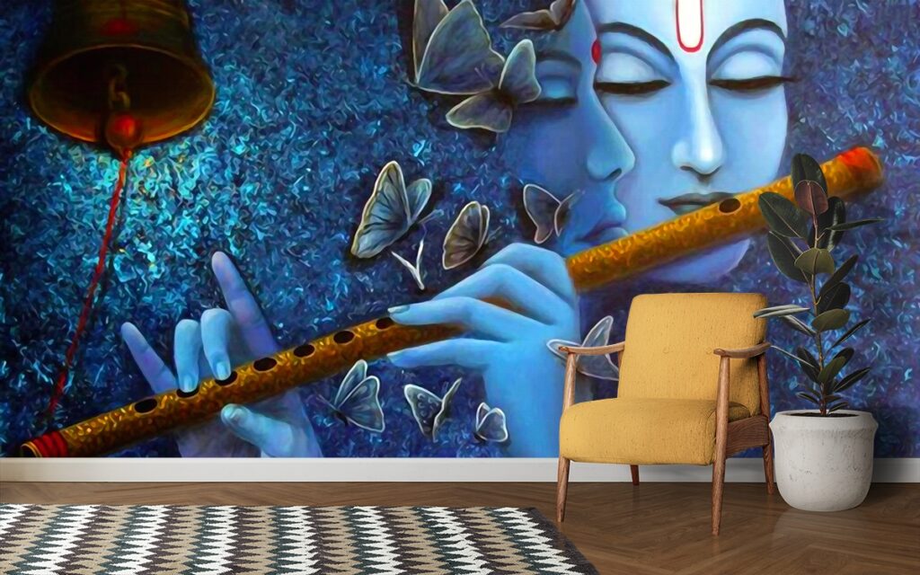 Radha Krishna Playing Bansuri Wallpaper for Walls - Magicdecor®