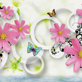 A 3D Pink Flowers and Butterflies Wallpaper