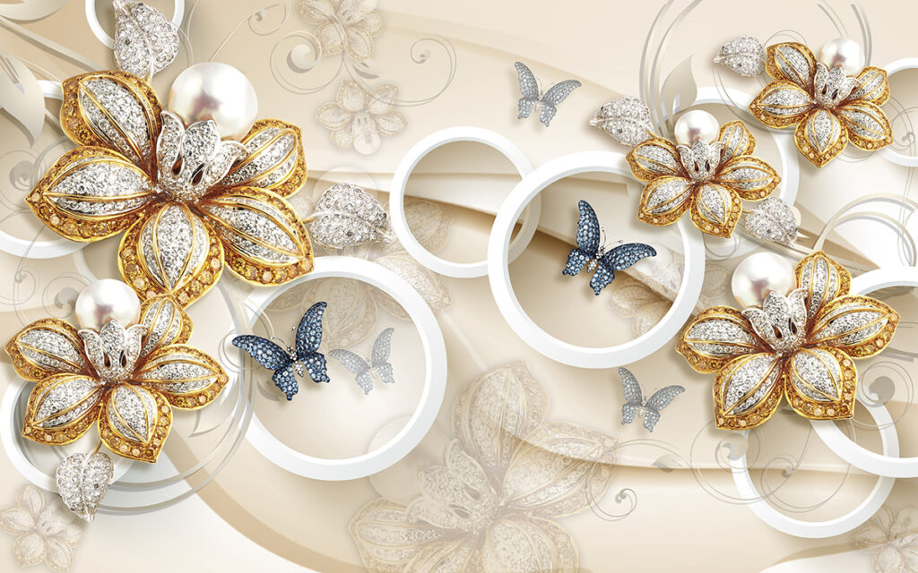 A 3D Design Wallpaper for Wall of Golden Flowers and Butterflies