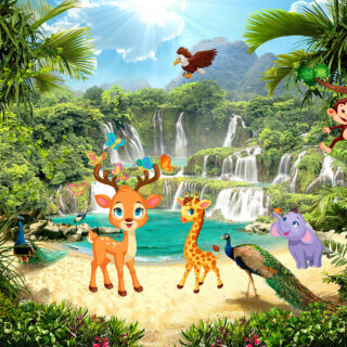 Cute Animals in Tropical Forest Kids Wallpaper