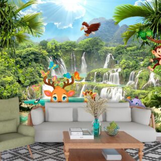 Cute Animals in Tropical Forest Kids Wallpaper