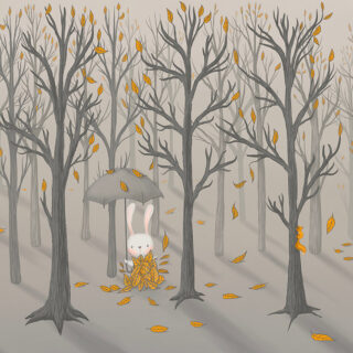 Rabbit With Umbrella in Forest Kids Wallpaper