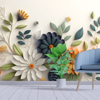 Blue and White 3d Floral Wallpaper for walls with leaves, 3d wallpaper