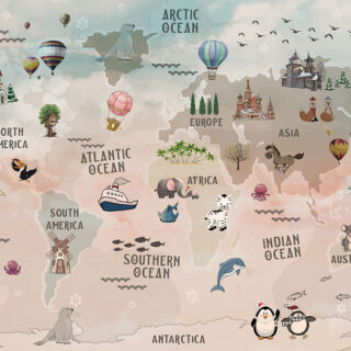 Kids Room World Map Wallpaper With Animals and Birds