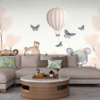 Animals and Hot Air Balloon Wallpaper for Kids Room