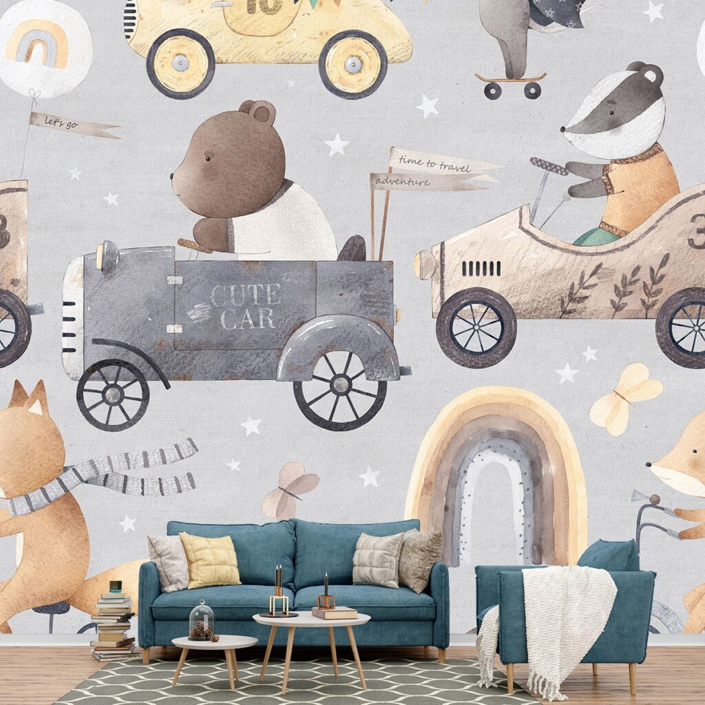 Kids Room Wallpaper, A pattern of animals on a grey background ...