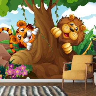 Smiling Lion And Tiger Kids Room Wallpaper