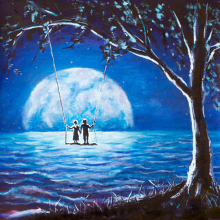 Moon and painting of two children wallpaper