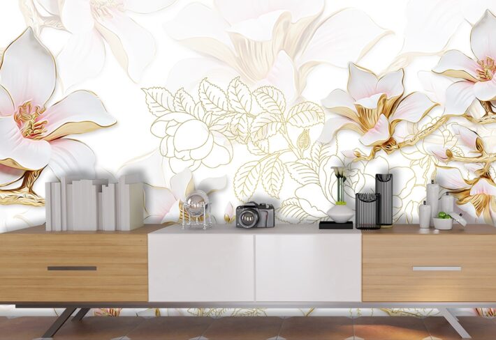 A white flowers with gold outline on a white background