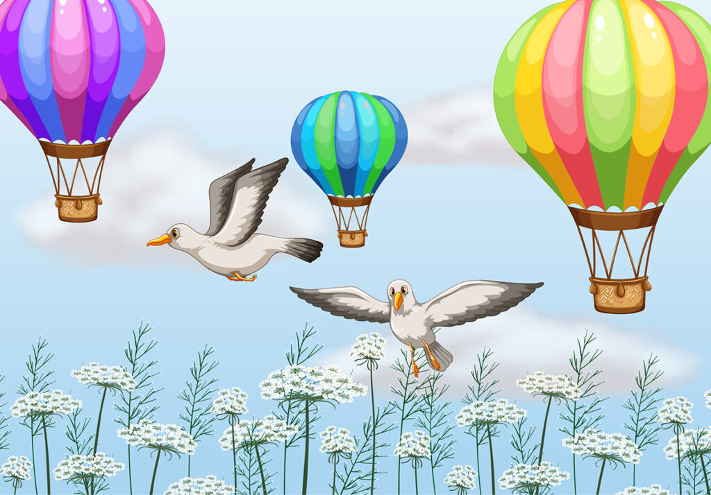 Kids Room Wallpaper, Birds flying in the sky with hot air balloons ...