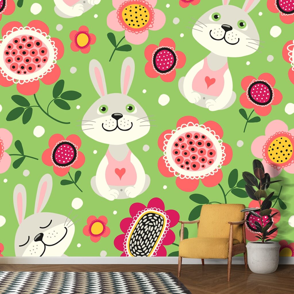 Kids Room Wallpaper, A pattern of flowers and rabbits - Magicdecor®