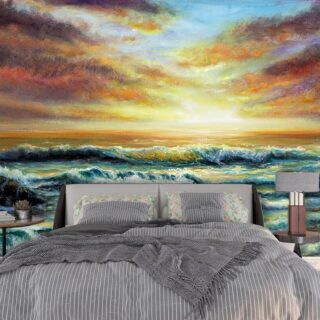 A Painting of Waves Crashing on a Beach Wallpaper Mural