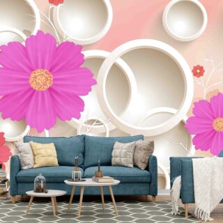 3D Circular Rings and Daisy Flowers Wallpaper