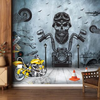 A wall with a drawing of a skull and motorcycle wallpaper for wall