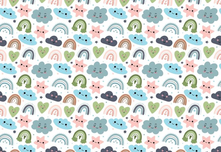 Smiling Clouds and Stars Kids Room Wallpaper