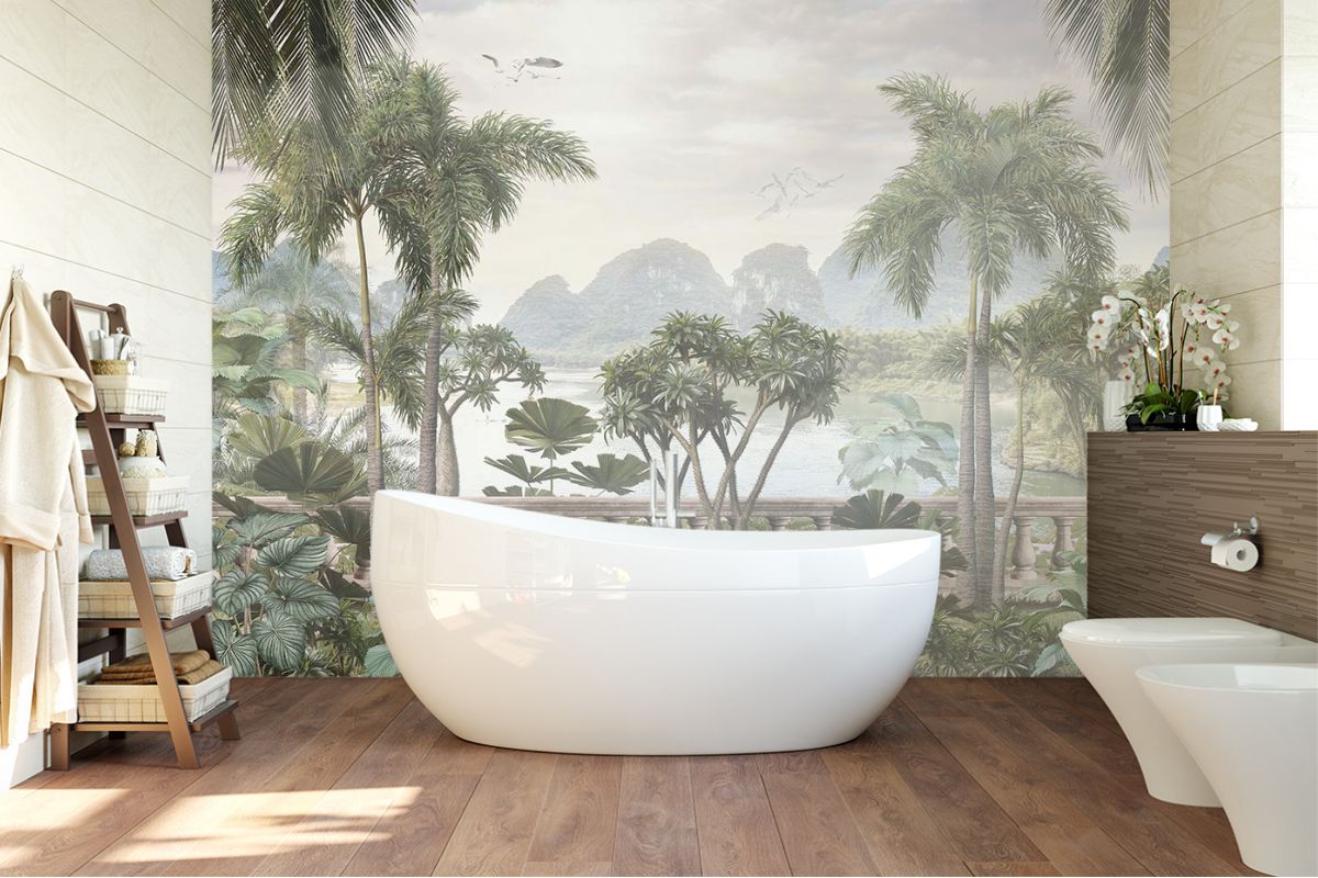Bathroom Wallpaper - Tropical island with palm trees - Magic Decor