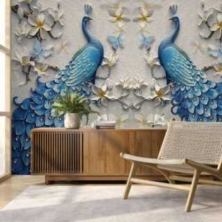 3D Wallpaper of Blue Peacocks and White Flowers for Living Room