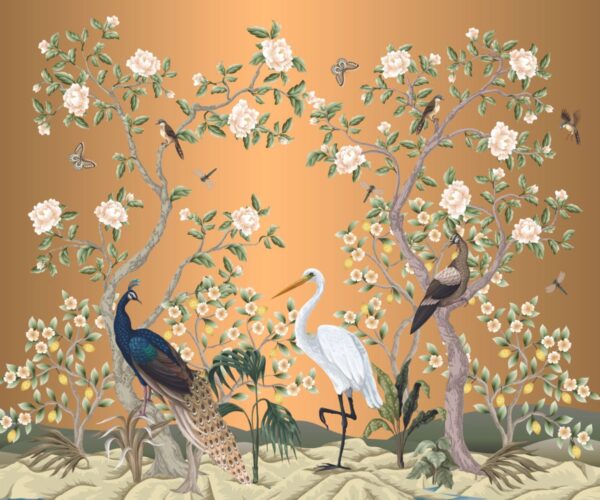 Gold Chinoiserie Mural With Peacocks and Flowers Trees Magic Decor