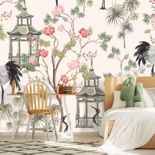 Vintage Chinoiserie Wallpaper With Rose Trees, Sakura, Palms