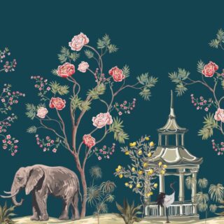 Tropical Vintage Chinoiserie Landscape Wallpaper
