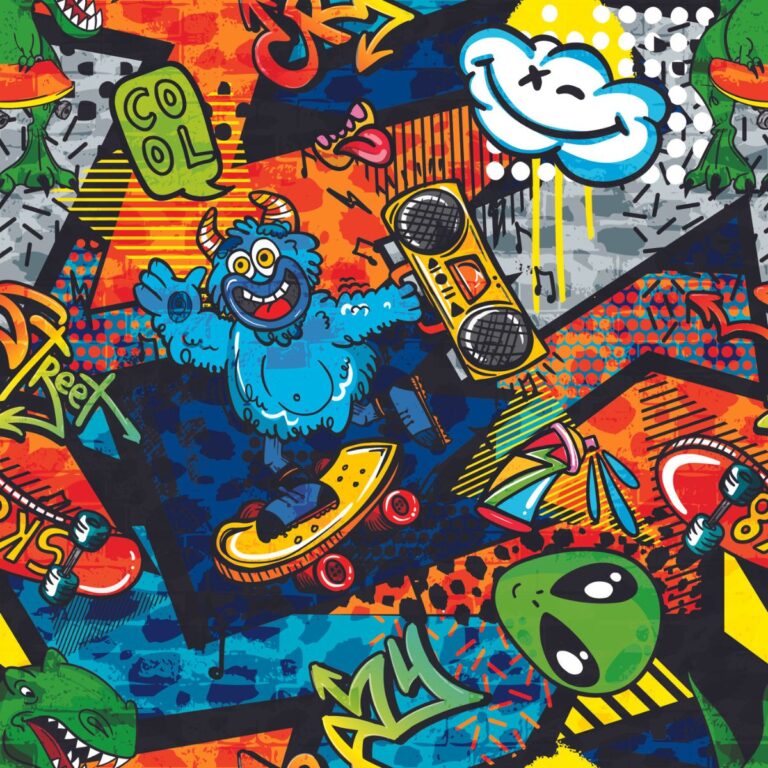 Graffiti Wallpaper With Dino, Monsters, Aliens for Wall Magic Decor