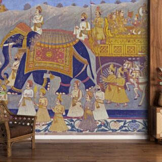 Colorful Indian Mural in the fort at Jodhpur Showing a Royal Procession