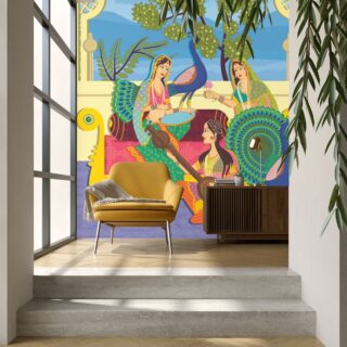 Royal Indian Queens and Peacock Indian Art Style Wallpaper Mural