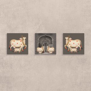 Pichwai Cow Devotion Canvas Painting Set of 3