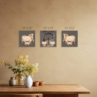 Pichwai Cow Devotion Canvas Painting Set of 3