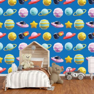 3D Style Planets and Flying Saucers Pattern Wallpaper for Boys