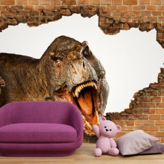 3D Wallpaper of Dinosaur Growling From Behind A Brick Wall