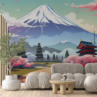Mount Fuji in Sakura Colors Japandi Wallpaper