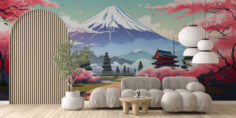 Mount Fuji in Sakura Colors Japandi Wallpaper - Magicdecor®