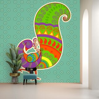 Morni, Colorful Peacock in Indian Art Style Wallpaper Mural