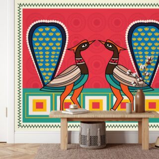 Regal Majesty, Captivating Kalighat Painting of a Beautiful Peacock Wallpaper Mural