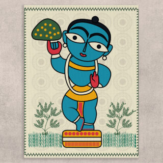 Krishna Lifting Mount Govardhan Painting on Canvas, Kalighat Art