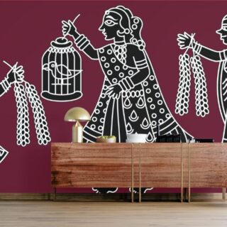 Bazar, Women in Marketplace Selling Parrots and Garlands in Pinguli Folk Art Style Wallpaper Mural