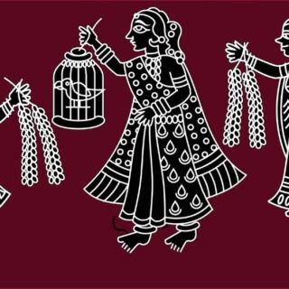 Bazar, Women in Marketplace Selling Parrots and Garlands in Pinguli Folk Art Style Wallpaper Mural