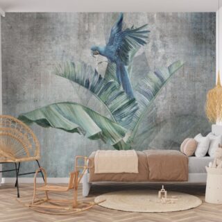 Tota, Parrot on Big Banana Leaves Grunge Wallpaper for Wall