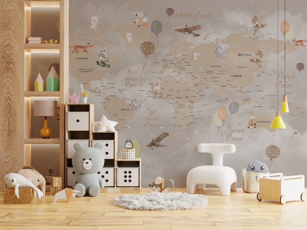 Educational World Map Animals Wallpaper Design for Children's Rooms ...