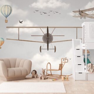 Vintage Airplane and Hot Air Balloons Kids Wallpaper